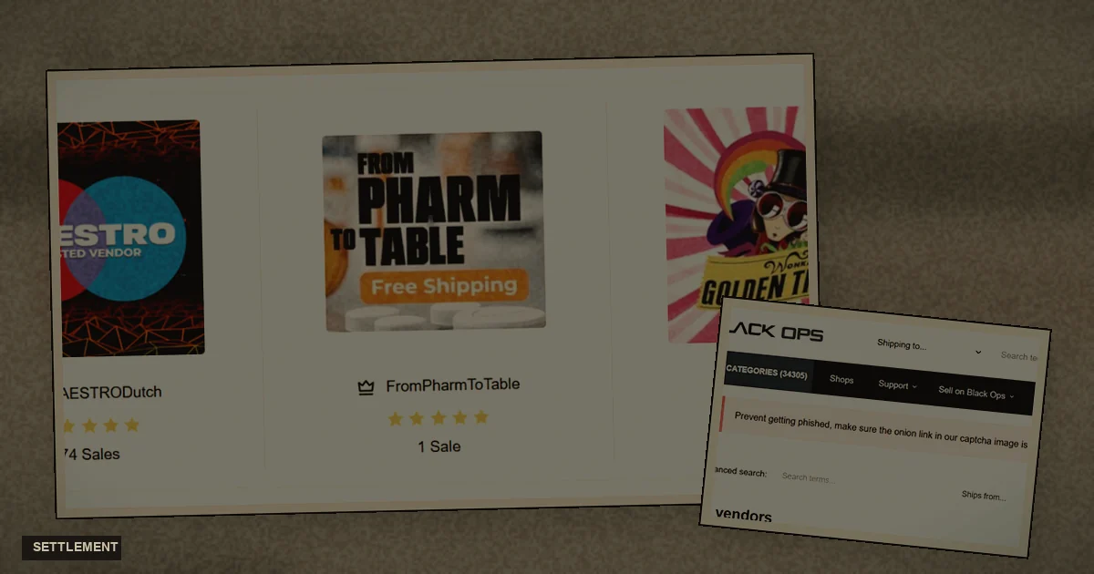 Lower-frame photograph of BlackOps market vendor cards
