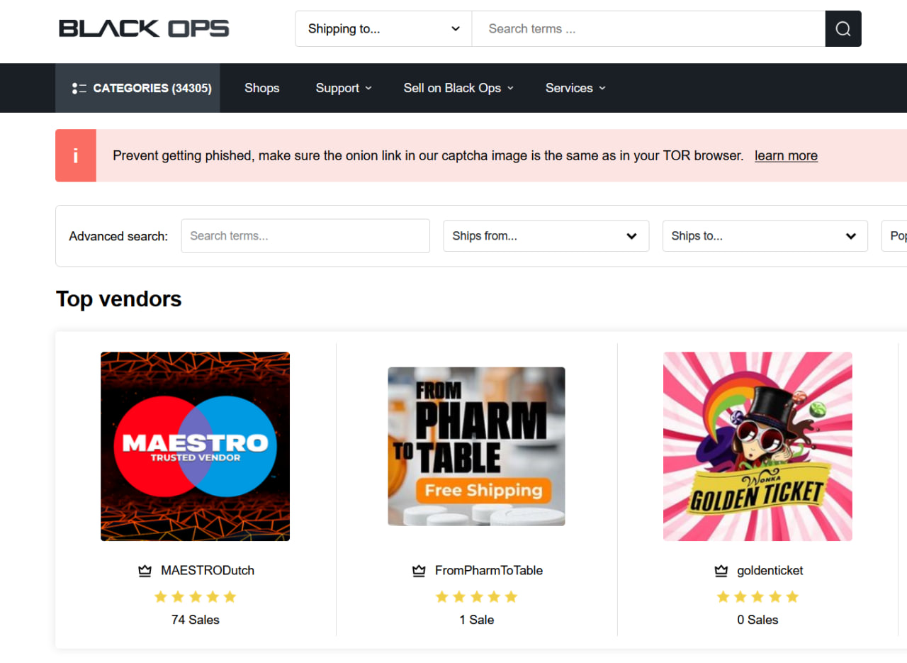 Documented BlackOps market interface with phishing warning and vendor cards
